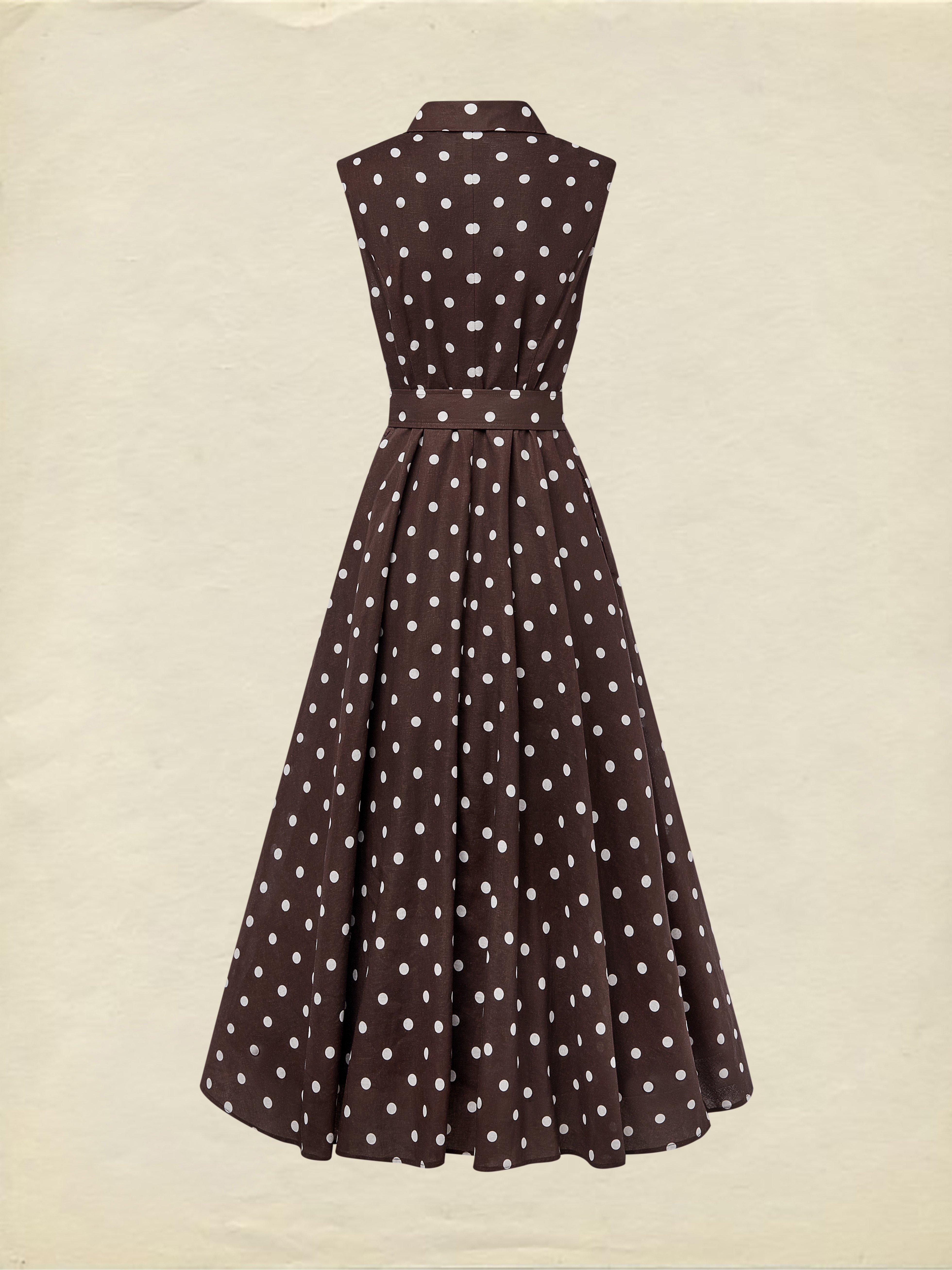 Midi Cotton Dress , Sleeveless, Shawl Collar, Polka Dots, Button Design, French Vintage, Coffee - Coffee