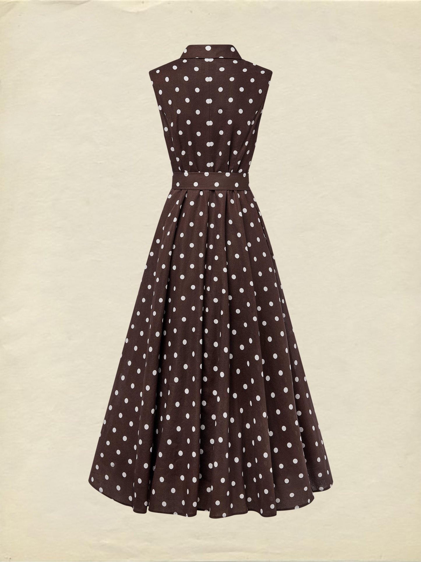 Midi Cotton Dress , Sleeveless, Shawl Collar, Polka Dots, Button Design, French Vintage, Coffee - Coffee