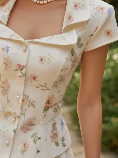 Linen Shirt, Short Sleeves, Shawl Collar, Floral, Button Design, Vintage, Creme light - Creme light