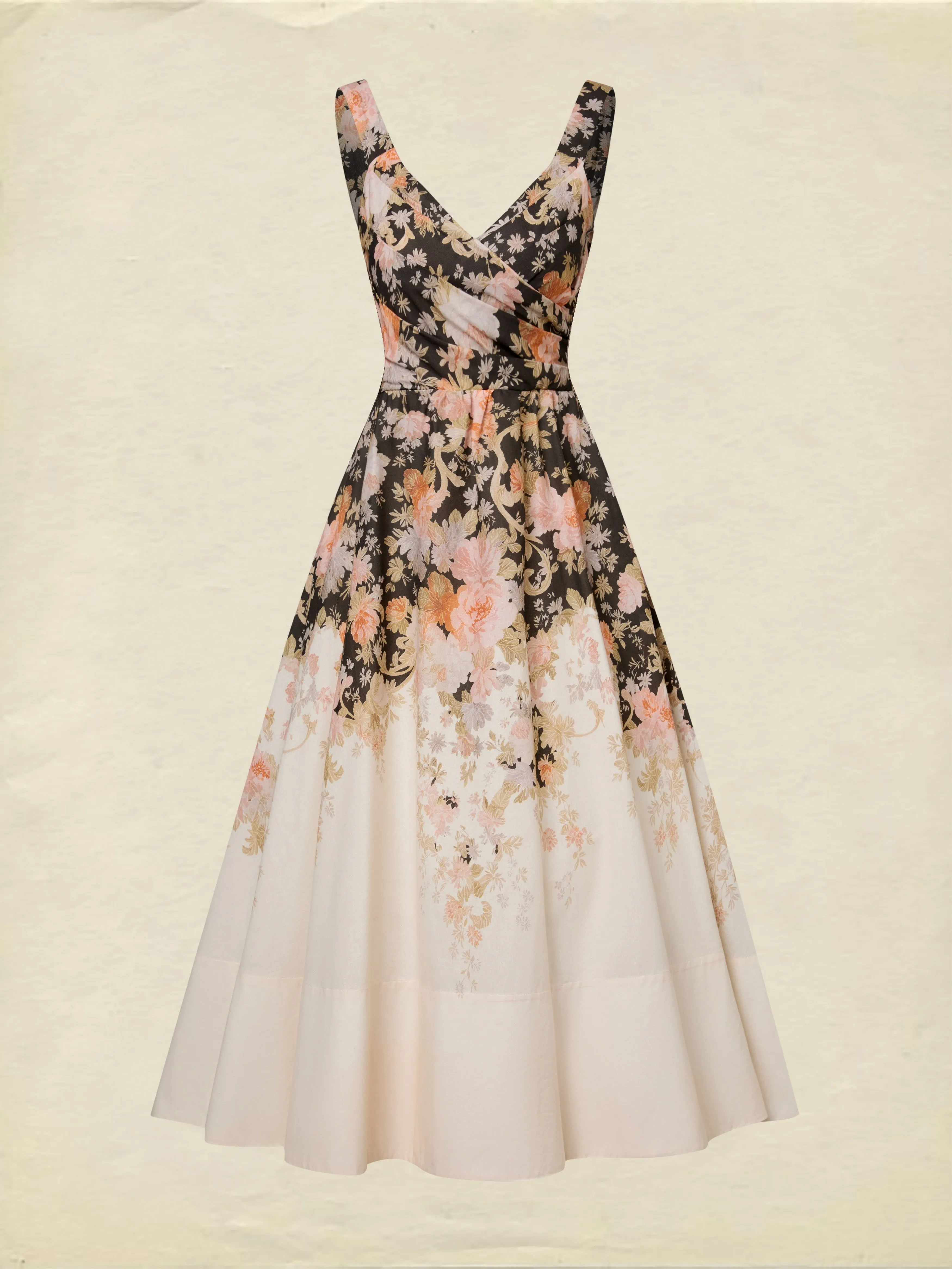 Midi Cotton Dress, Sleeveless, Sweetheart Neck, Floral, Suspenders, Vacation, Vintage, Apricot - Apricot