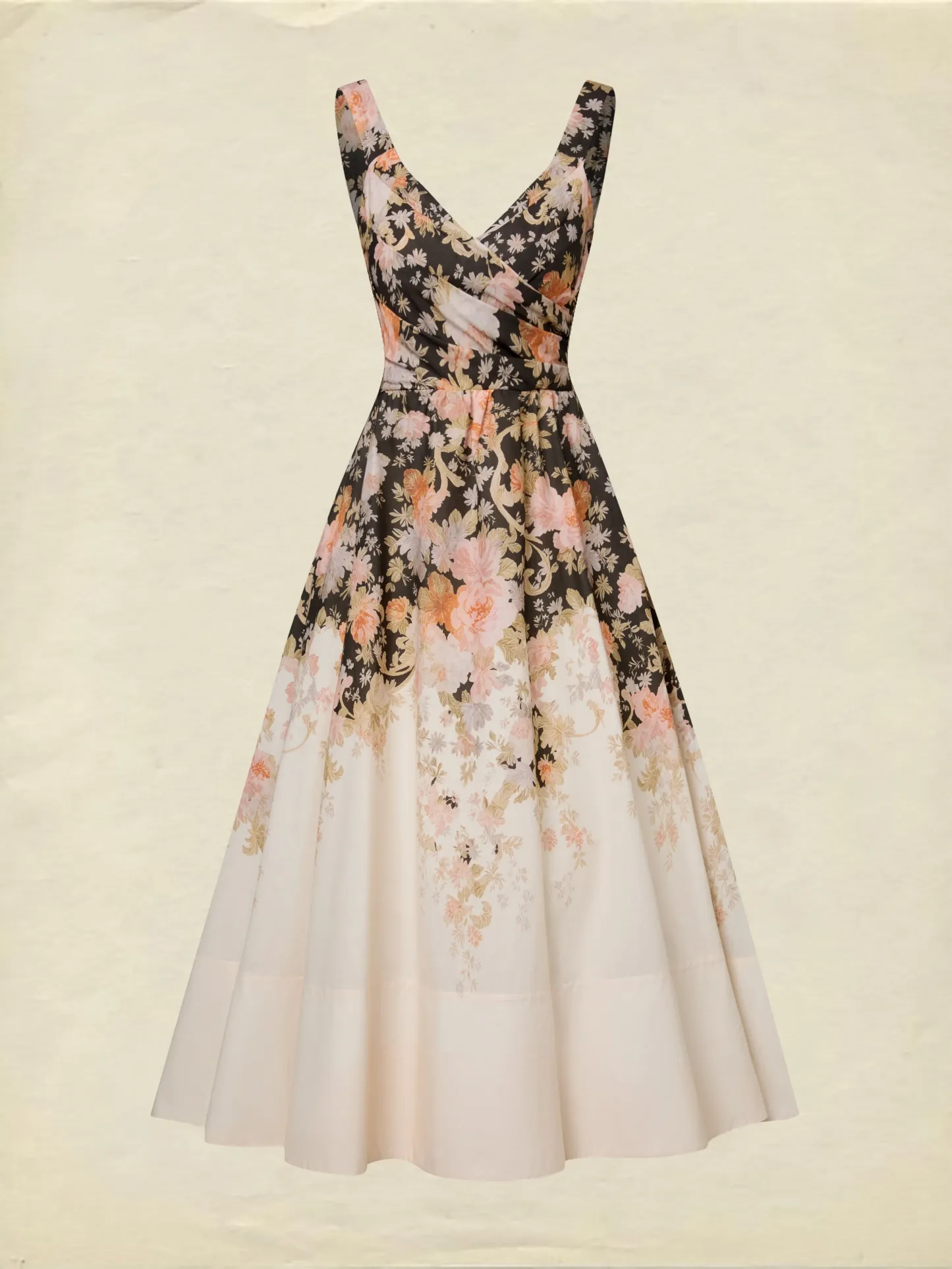 Midi Cotton Dress, Sleeveless, Sweetheart Neck, Floral, Suspenders, Vacation, Vintage, Apricot - Apricot