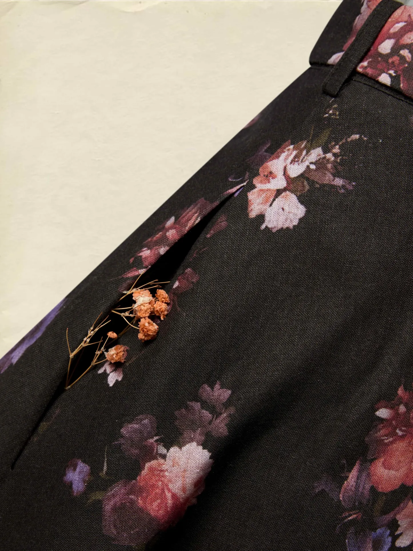 Maxi Cotton Skirt, Floral, Belt Design, Vintage, Black - Black