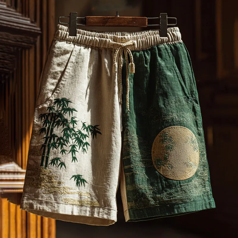 Japanese Bamboo Forest Full Moon Night Art Print Linen Blend Casual Shorts - Green khaki