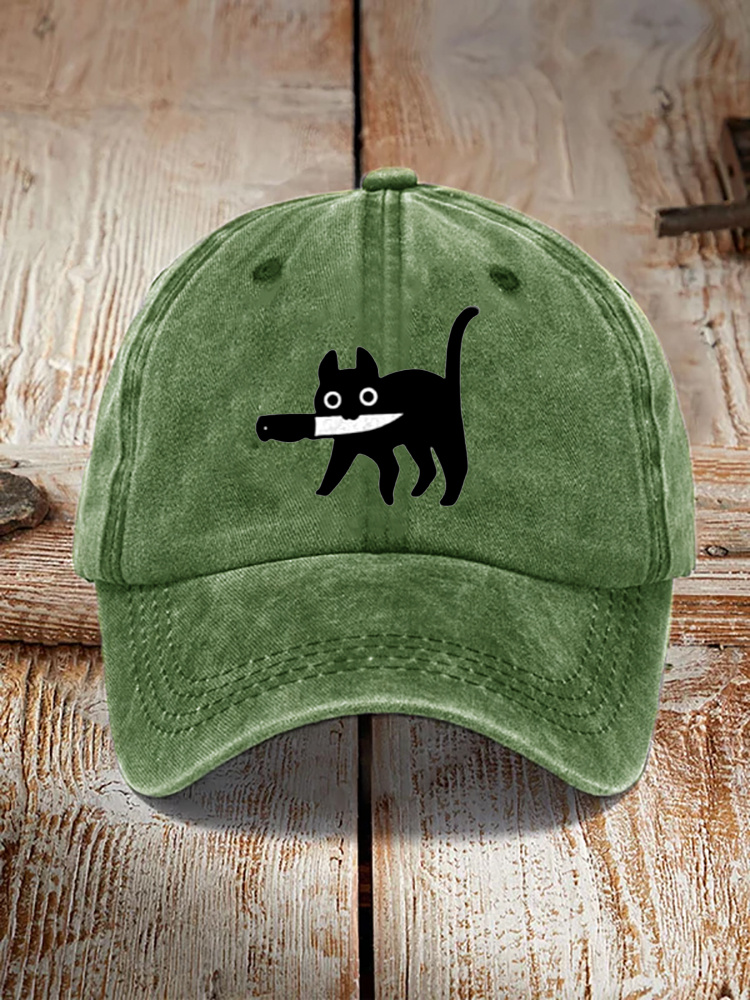 Funny Black Cat Print Washed Hat - Green