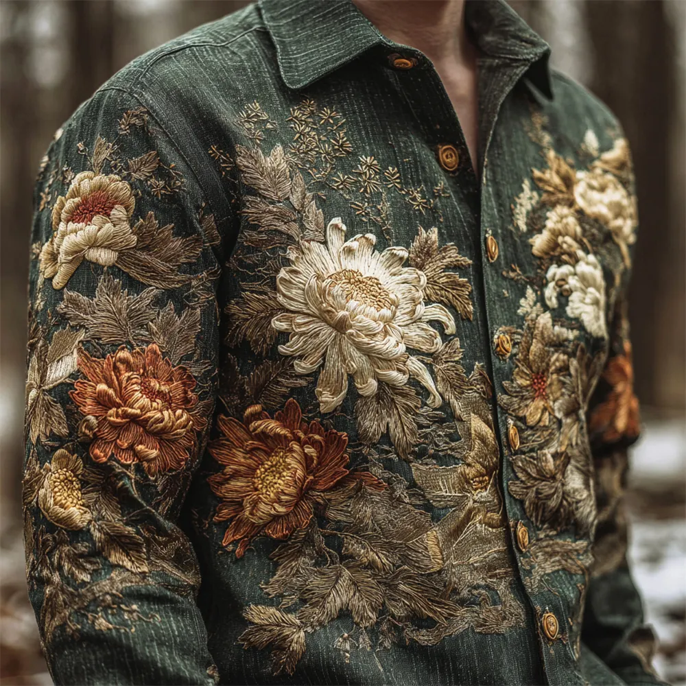 Vintage Japanese Chrysanthemum Embroidery Art Men's Linen Long Sleeve Shirt - Dark green