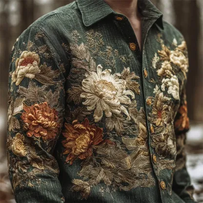 Vintage Japanese Chrysanthemum Embroidery Art Men's Linen Long Sleeve Shirt - Dark green
