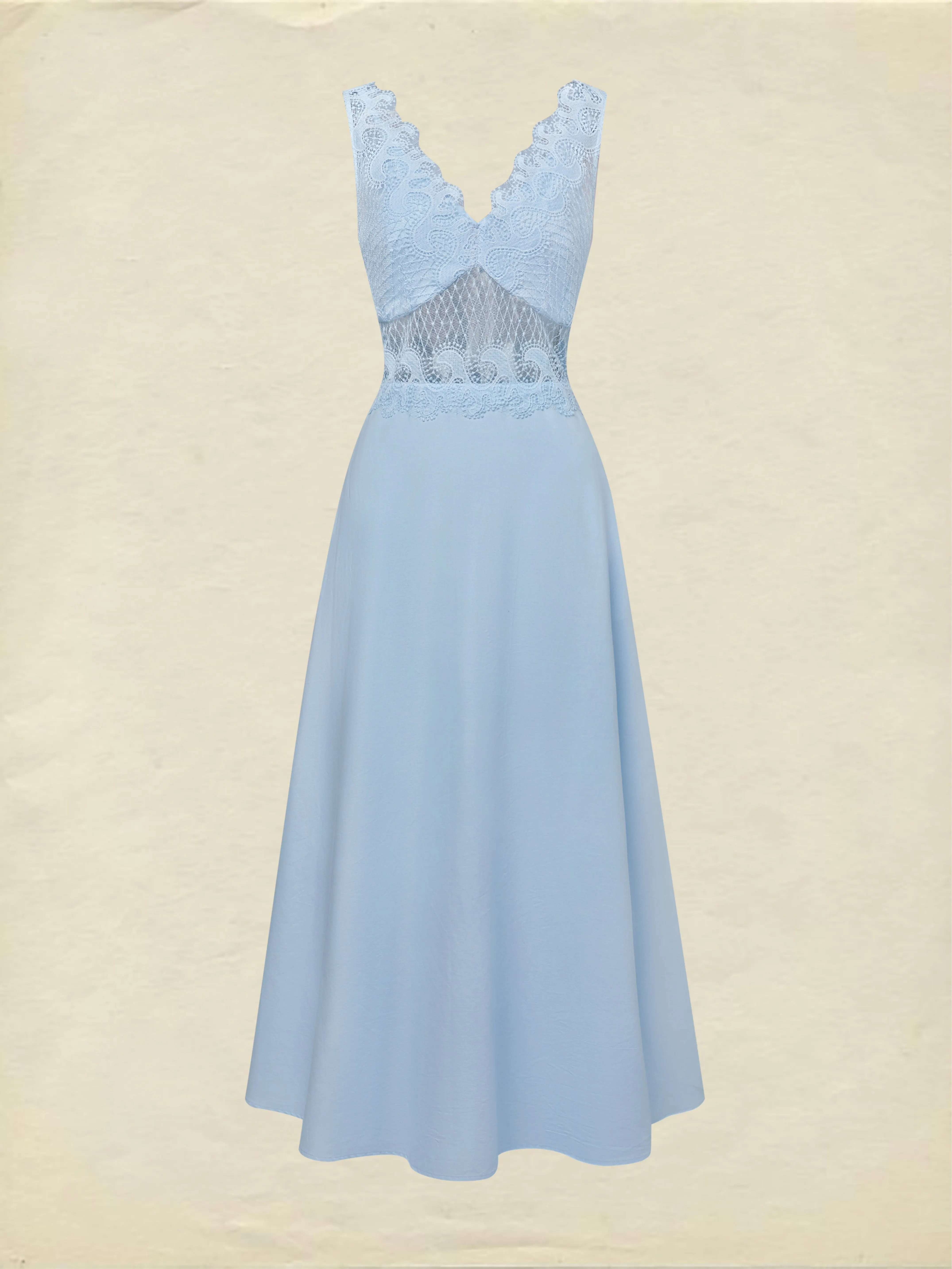 Maxi Cotton Dress, Sleeveless, V Neck, Plain, Lace, French Vintage, Blue - Blue