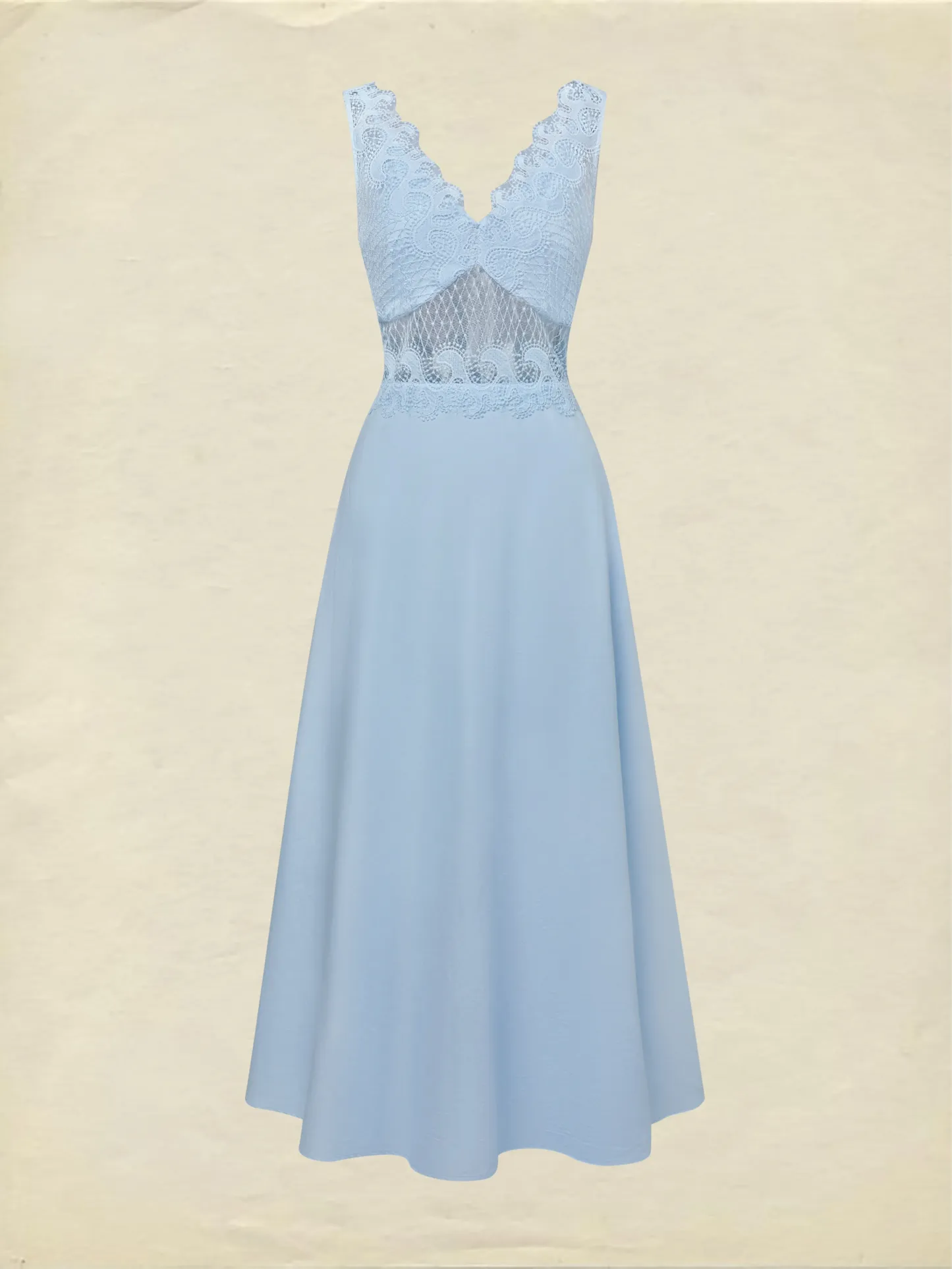 Maxi Cotton Dress, Sleeveless, V Neck, Plain, Lace, French Vintage, Blue - Blue