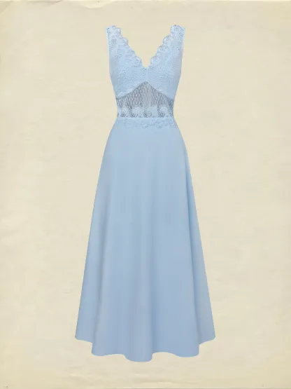 Maxi Cotton Dress, Sleeveless, V Neck, Plain, Lace, French Vintage, Blue - Blue