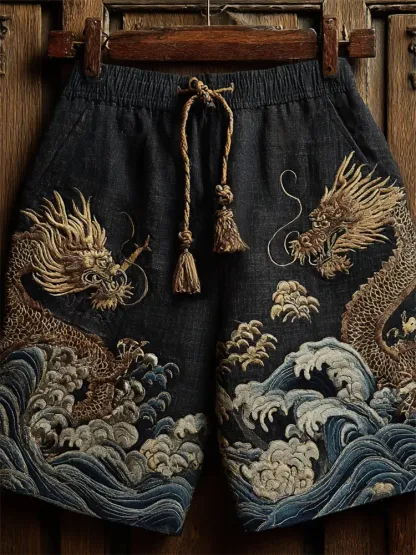 Japanese Golden Dragons & Sea Waves Embroidered Linen Shorts - Black