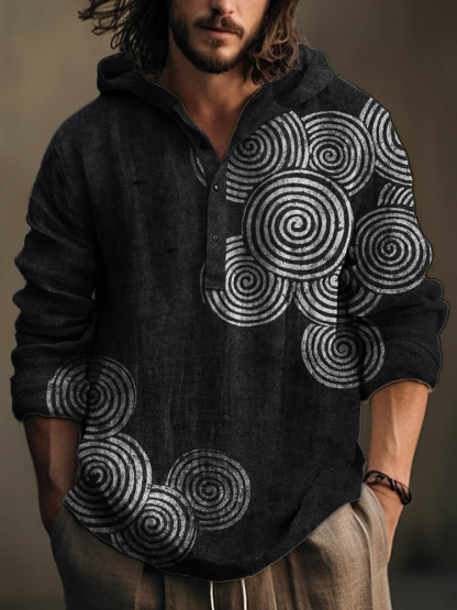 Sea Waves Ripples Japanese Lino Art Linen Blend Hooded Shirt - Black