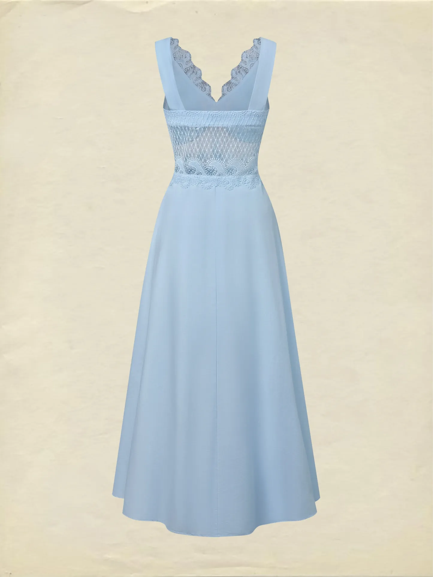 Maxi Cotton Dress, Sleeveless, V Neck, Plain, Lace, French Vintage, Blue - Blue