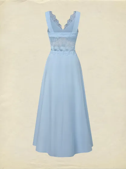 Maxi Cotton Dress, Sleeveless, V Neck, Plain, Lace, French Vintage, Blue - Blue