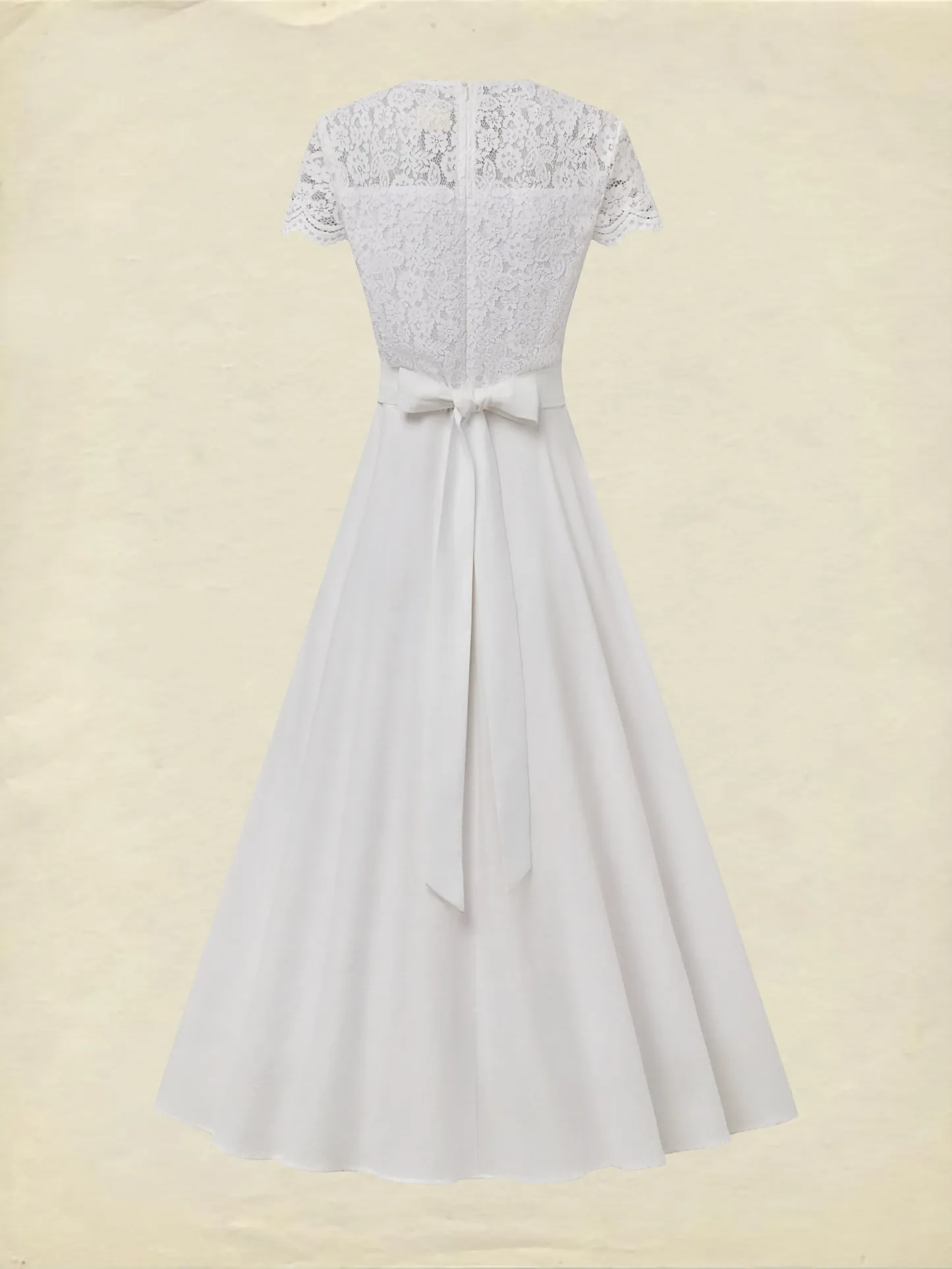 Midi Cotton Dress, Short Sleeves, Plain, Lace, Vacation, Vintage, White - White