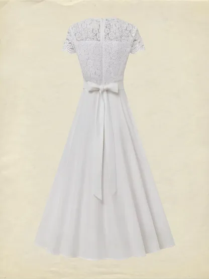 Midi Cotton Dress, Short Sleeves, Plain, Lace, Vacation, Vintage, White - White