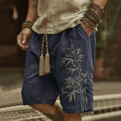Japanese Bamboo Embroidery Art Linen Blend Casual Shorts - Grey