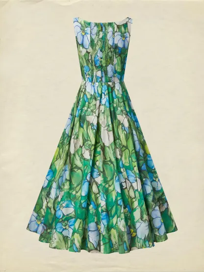 Maxi Linen Dress , Sleeveless, Square Neck, Floral, Church Glass, Vacation, Vintage, Green - Green
