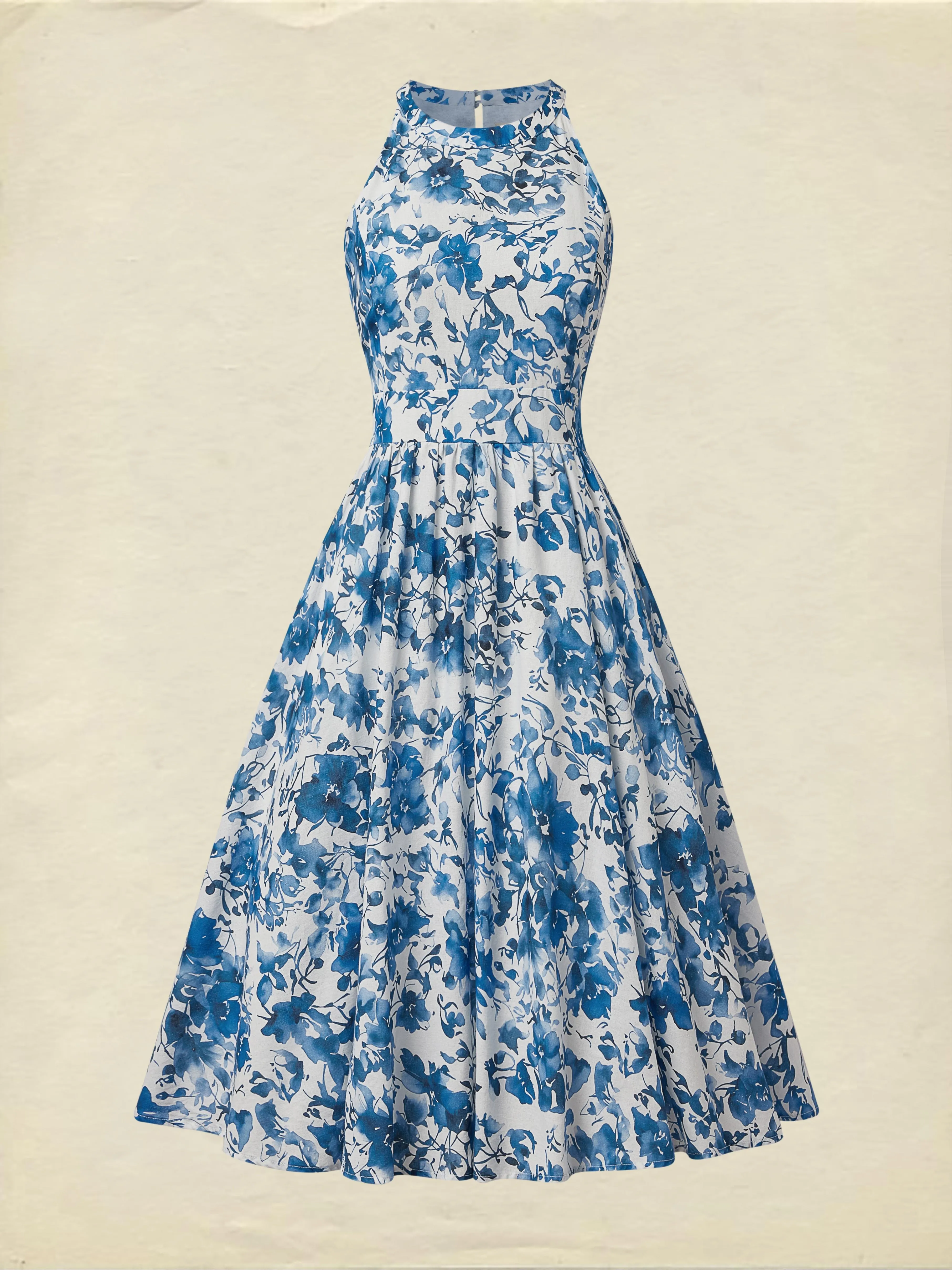 Midi Linen Dress , Sleeveless, Round Neck, Floral, Vacation, Vintage, Blue - Blue