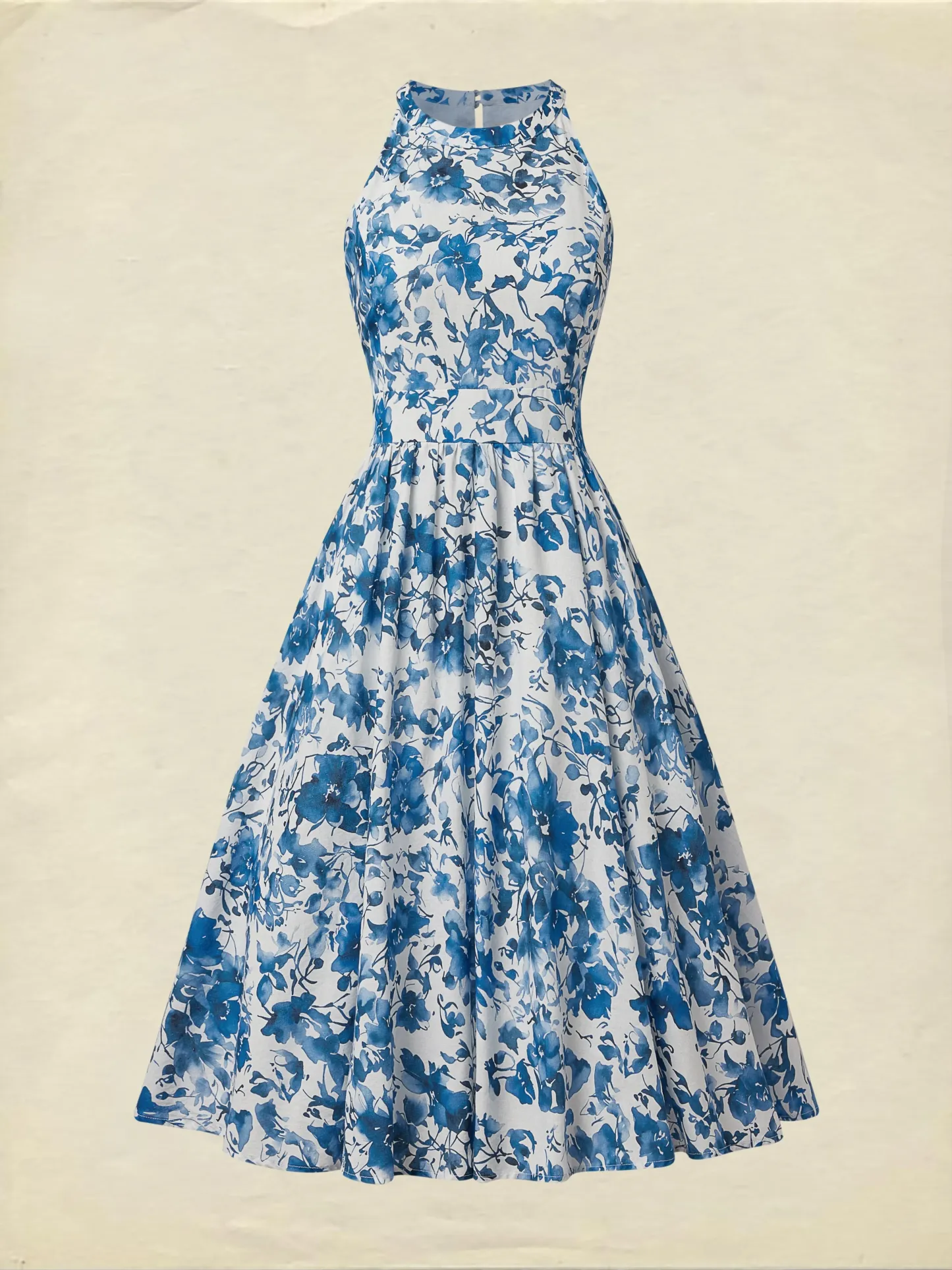 Midi Linen Dress , Sleeveless, Round Neck, Floral, Vacation, Vintage, Blue - Blue