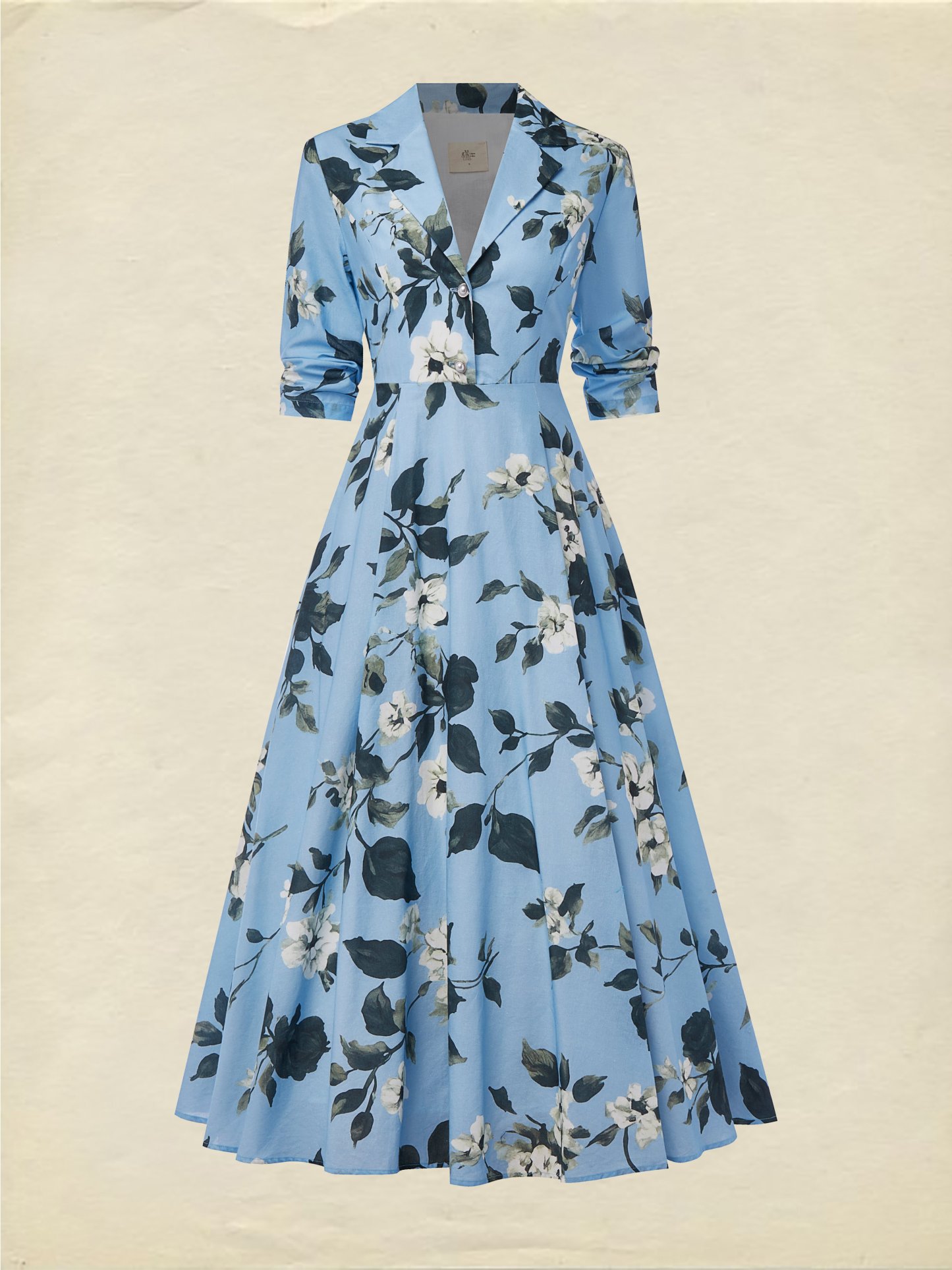 Maxi Linen Dress , Half Sleeve, Lapel Collar, Floral, Vacation, Vintage, Blue - Blue