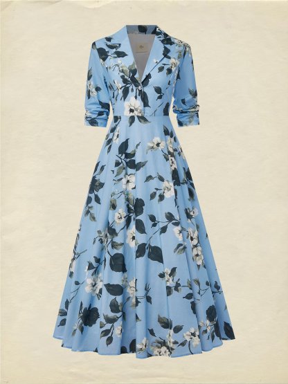 Maxi Linen Dress , Half Sleeve, Lapel Collar, Floral, Vacation, Vintage, Blue - Blue