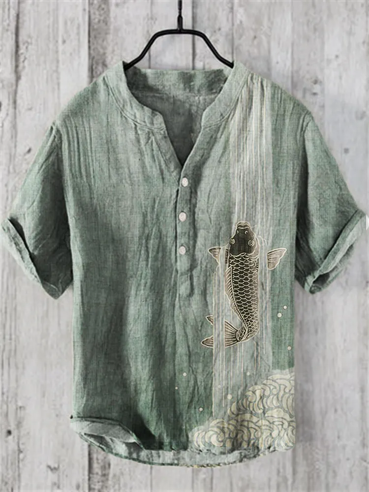 Upstream Carp Japanese Art Linen Blend Shirt - Green