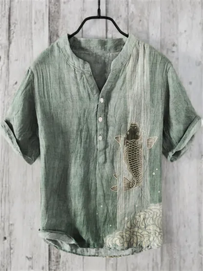 Upstream Carp Japanese Art Linen Blend Shirt - Green