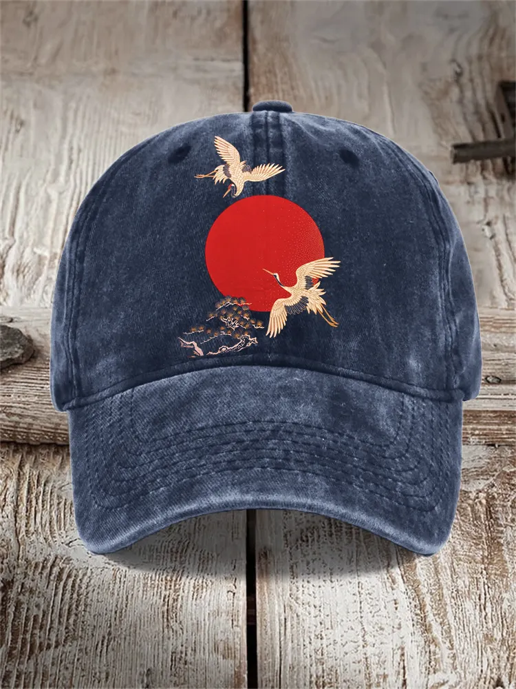 Cranes Sunrise Japanese Art Washed Cap - Navy