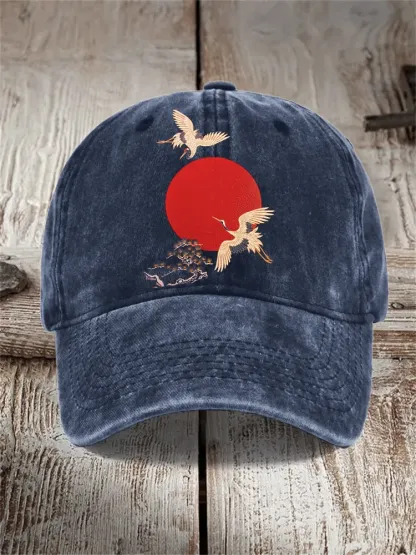 Cranes Sunrise Japanese Art Washed Cap - Navy