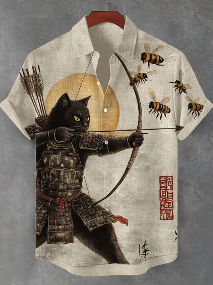 Men's Black Cat Tribal Warrior Japanese Kyudo Print Short Sleeve Shirt - Beige