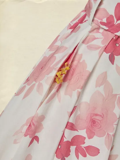 Maxi Cotton Dress, Sleeveless, Floral, Belt Design, Vacation, Vintage, Red - Red