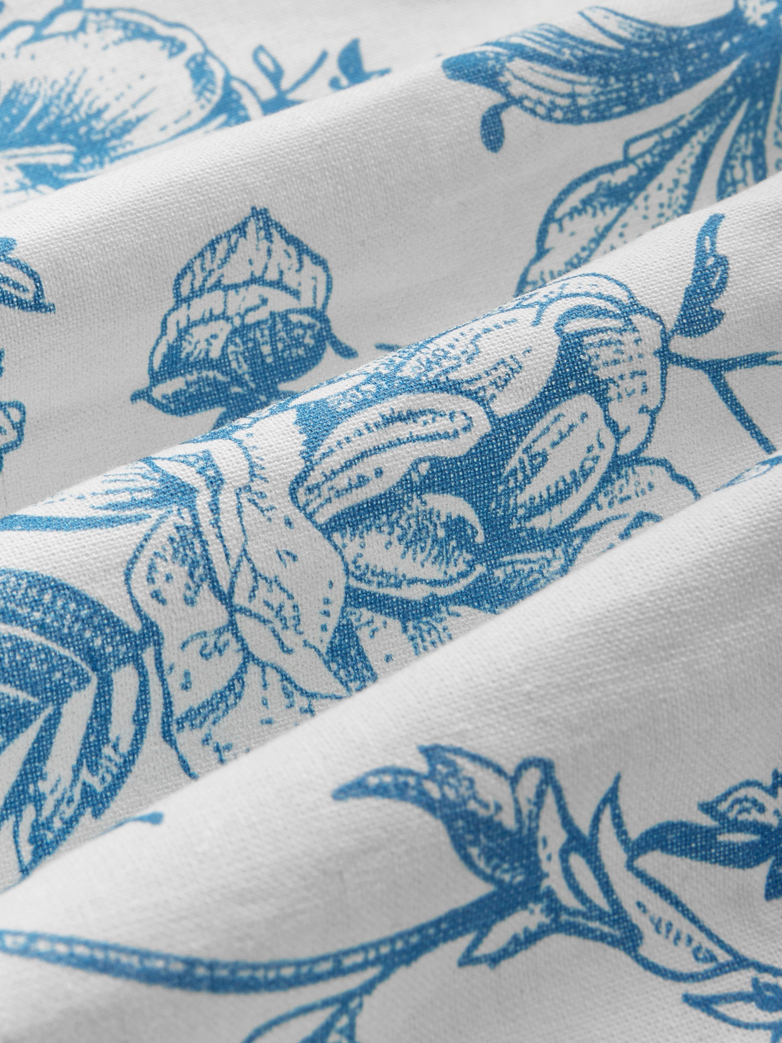Midi Linen Dress, Short Sleeves, Sweetheart Neck, Floral, Ruffles, Vintage, Blue - Blue