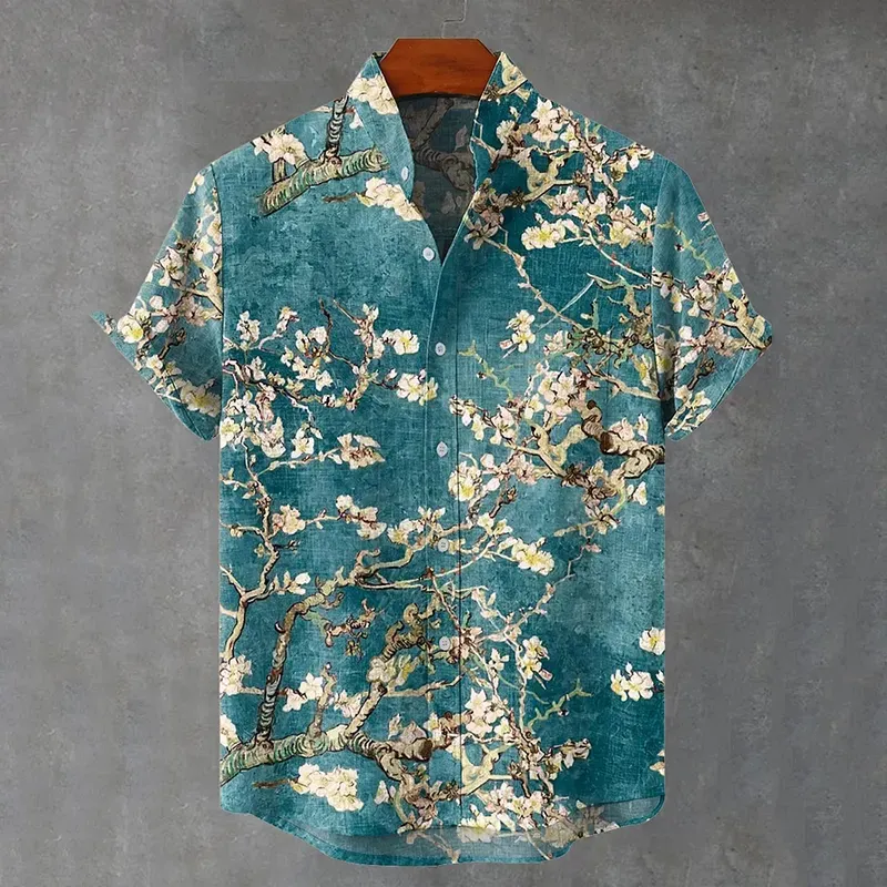 Vintage White Art Florets Print Casual Cotton Shirt - Grey
