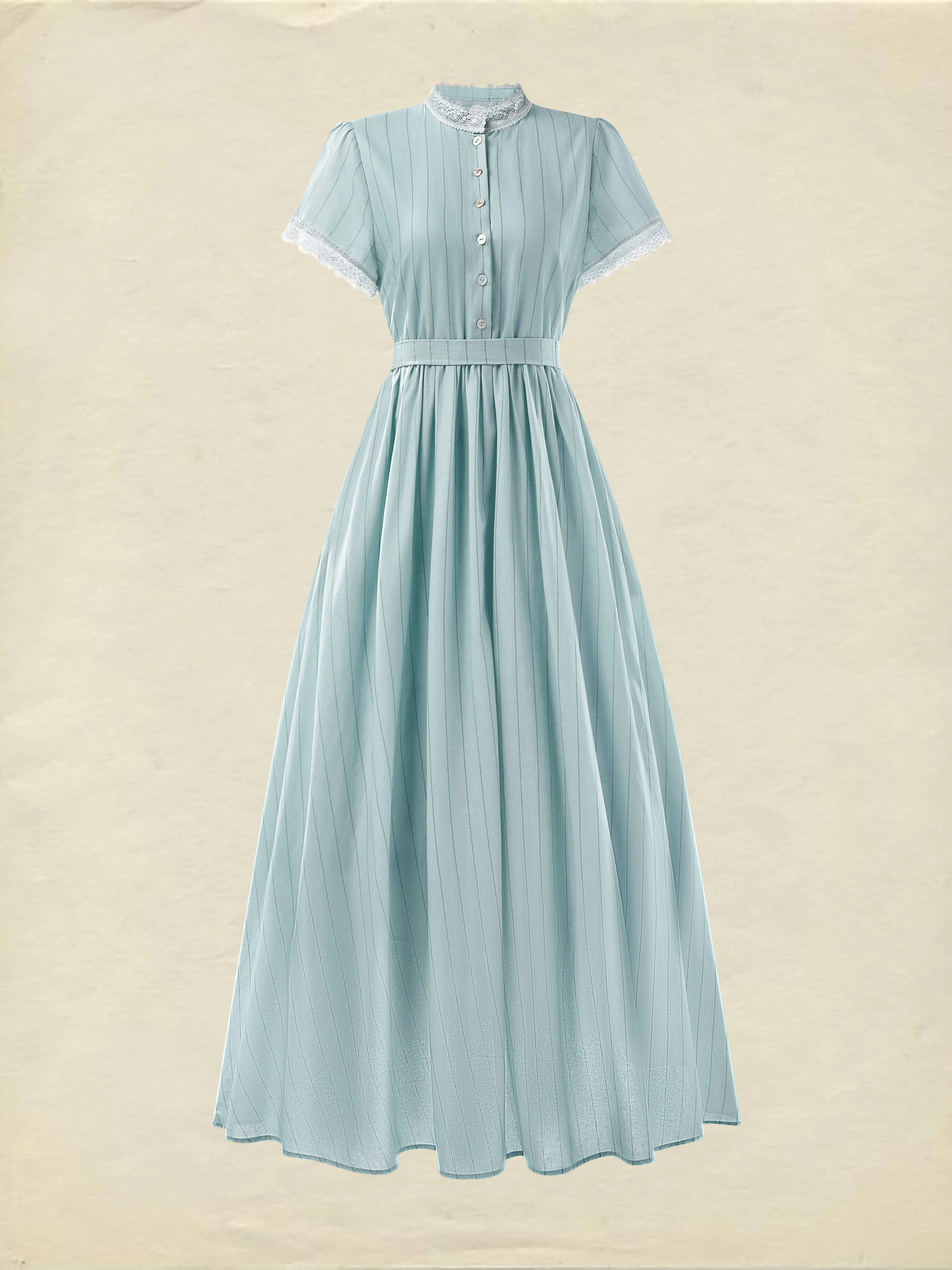 (SIZE:XS-XXL)Maxi Dress, Vintage, Summer, Natural, A-Line, Lace Collar, Short Sleeves, Blue - Aqua blue