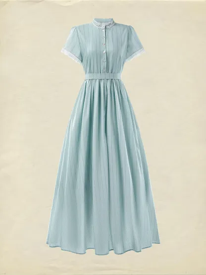 (SIZE:XS-XXL)Maxi Dress, Vintage, Summer, Natural, A-Line, Lace Collar, Short Sleeves, Blue - Aqua blue