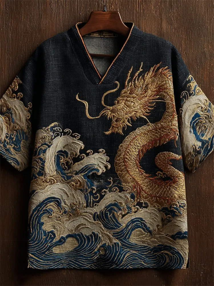Japanese Sea Waves & Eastern Dragon Embroidered Linen Shirt - Black
