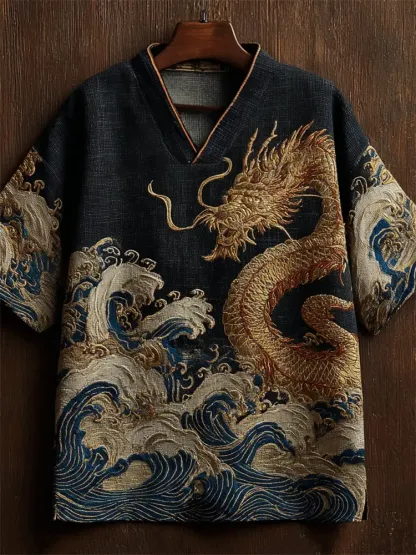 Japanese Sea Waves & Eastern Dragon Embroidered Linen Shirt - Black