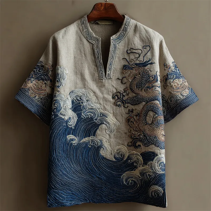 Japanese Sea Waves & Dragon Embroidered Linen Shirt - Grey