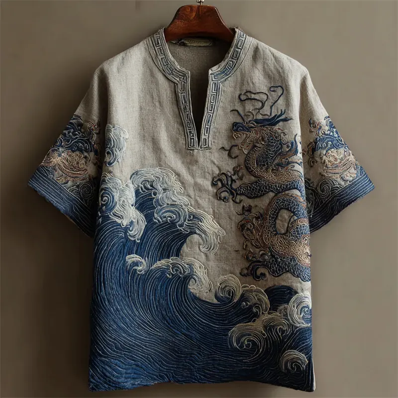 Japanese Sea Waves & Dragon Embroidered Linen Shirt - Grey