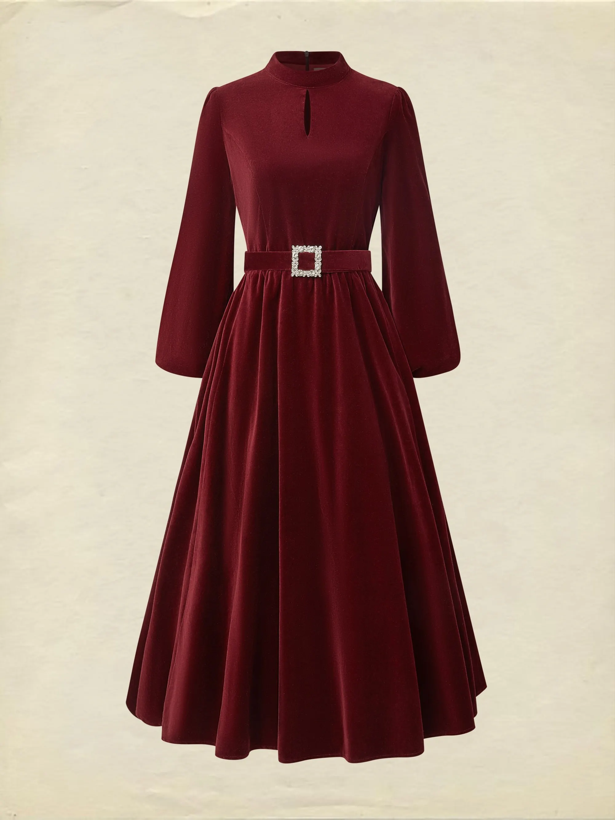 Midi Cotton Dress, Long Sleeves, Stand Collar, Plain, Vintage, Wine Red - Wine Red