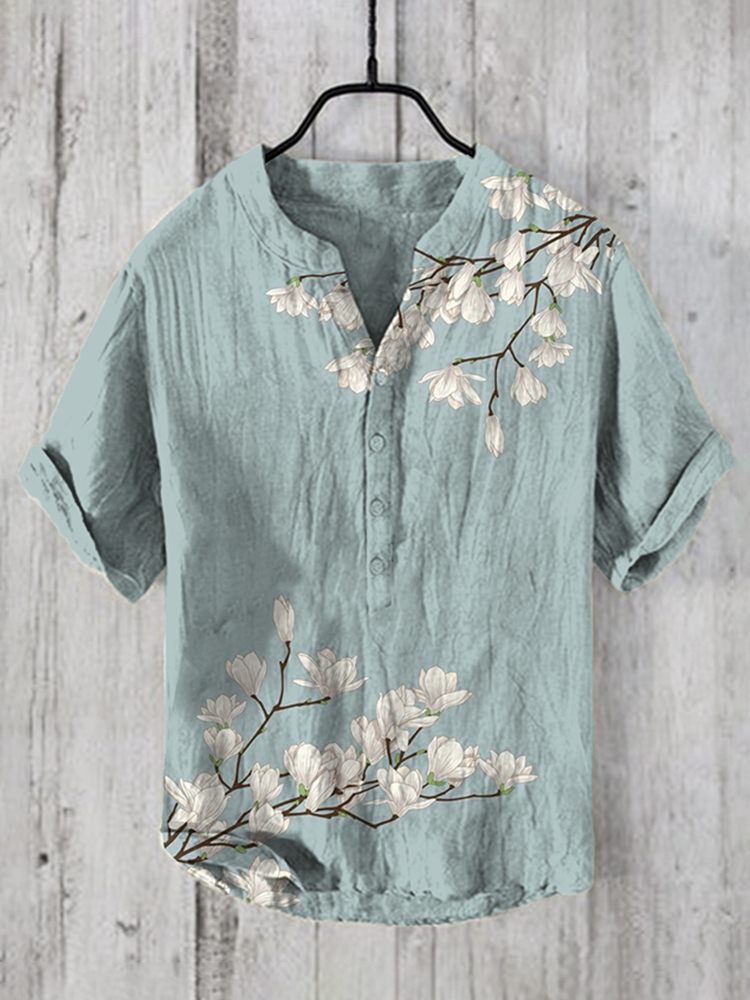 Men's Vintage Japanese Art Magnolia Flower V Neck Casual Linen Blend Shirt - Blue