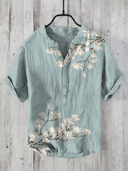 Men's Vintage Japanese Art Magnolia Flower V Neck Casual Linen Blend Shirt - Blue