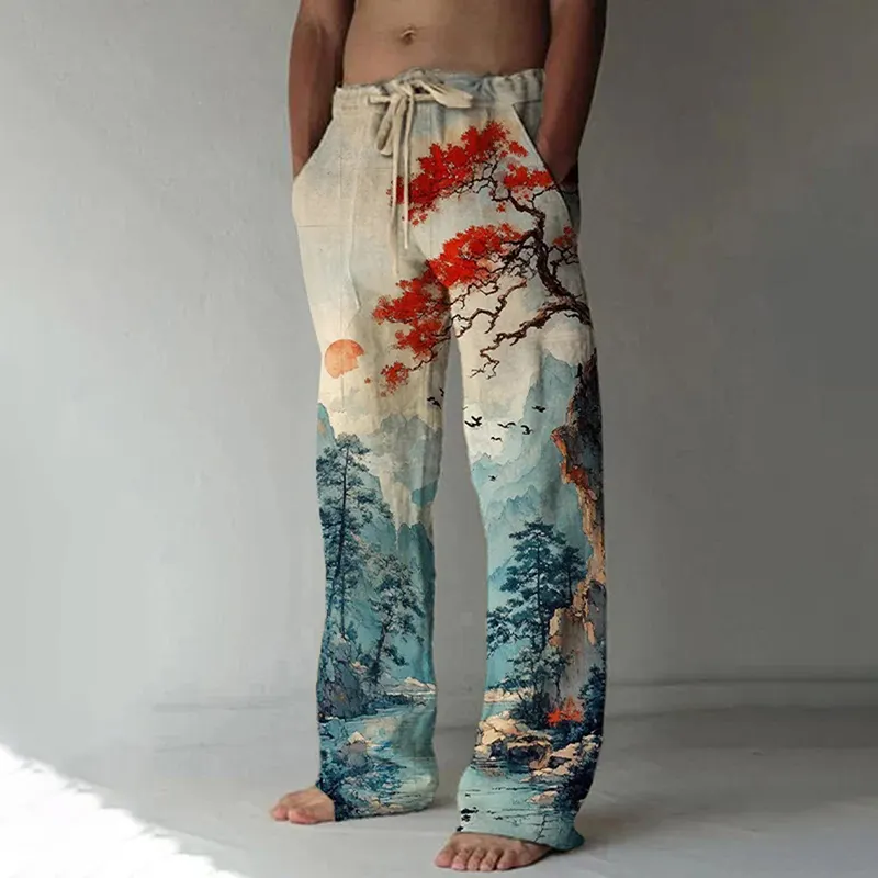 Men's Natural Scenery Sunrise And Sunset Watercolor Art Print Casual Pants - Beige