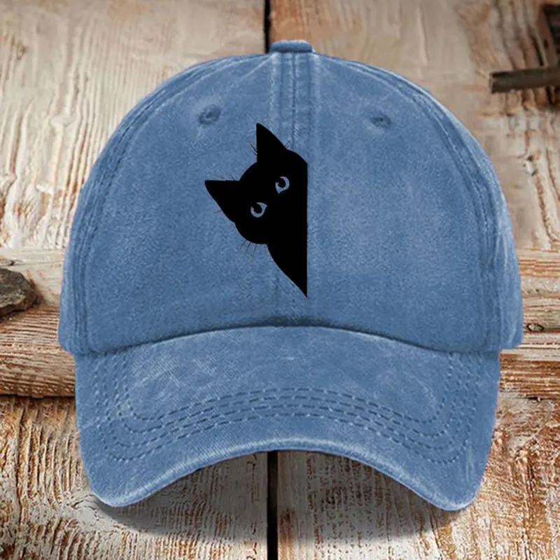 Japanese Art Black Cat Print Washed Sun Hat - Pink