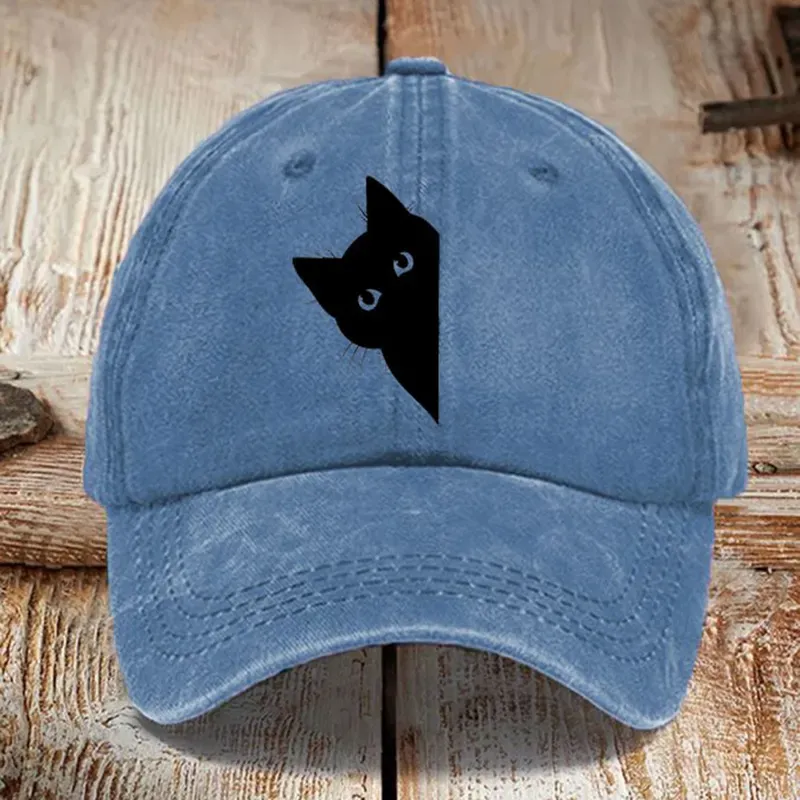 Japanese Art Black Cat Print Washed Sun Hat - Pink