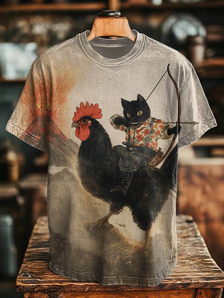 Men's Retro Black Cat Archer And Chicken Print Casual T-shirt - Beige
