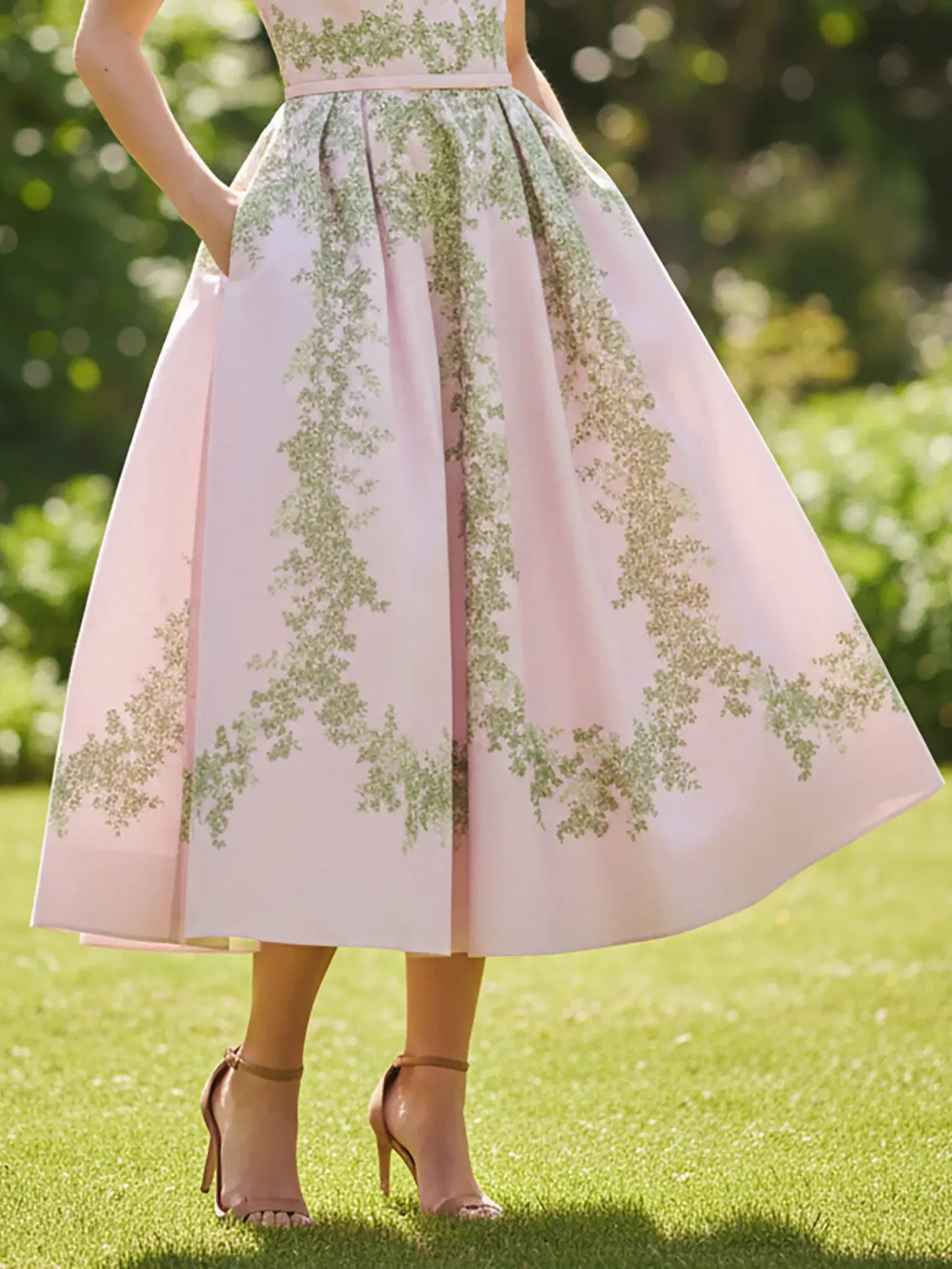Midi Linen Dress, Cap Sleeves, Round Neck, Floral, Pocket Design, Vintage, Pink - Pink