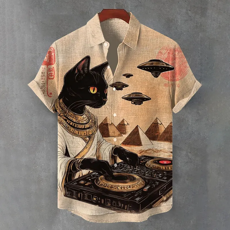 Men's Egyptian Cat Dj Ufo Art Print Short Sleeve Shirt - Khaki