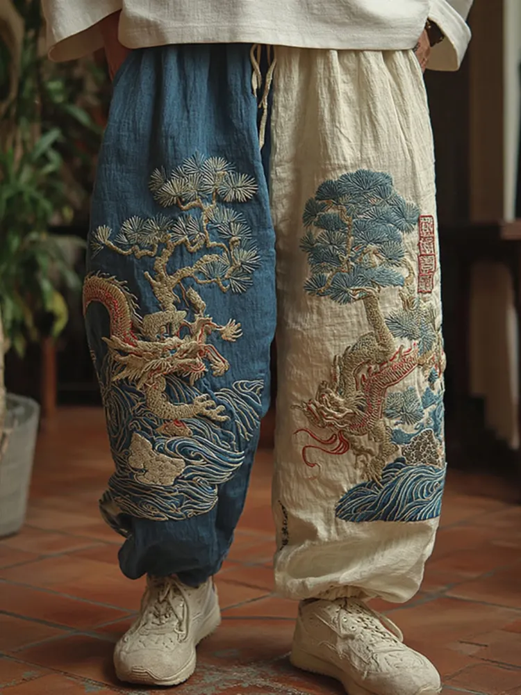 Men's Japanese Dragon Art Contrast Linen Pants - Blue
