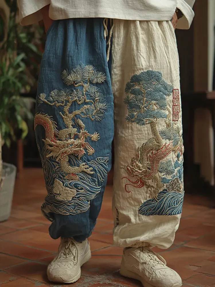 Men's Japanese Dragon Art Contrast Linen Pants - Blue